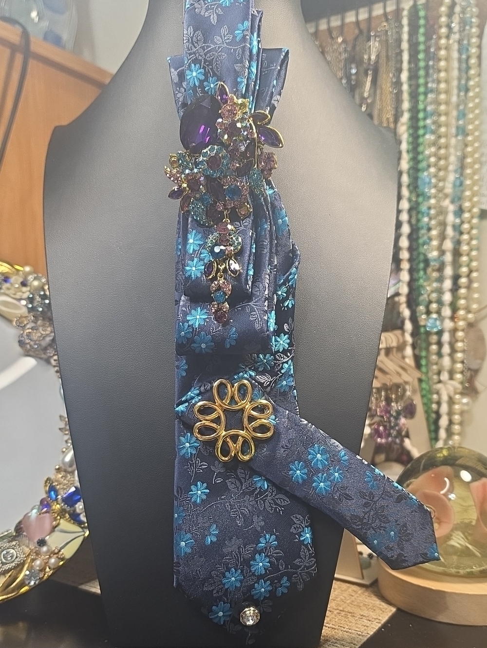Blue Floral Necktie & Necklace with Gold Accent